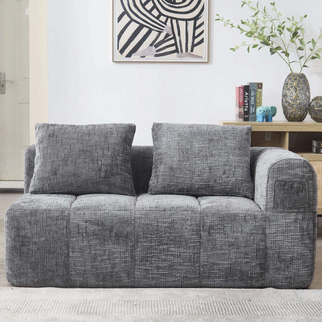 Divano moderno con chaise longue, tessuto Chenille grigio, cuscino e tasche laterali, 158x90x60 cm