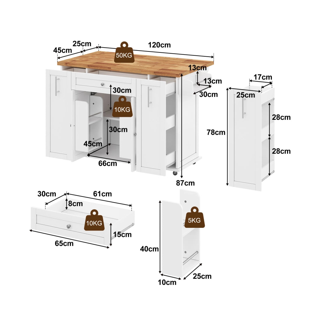 Isola cucina con piano ribaltabile 120/70x87 cm in MDF bianco e naturale