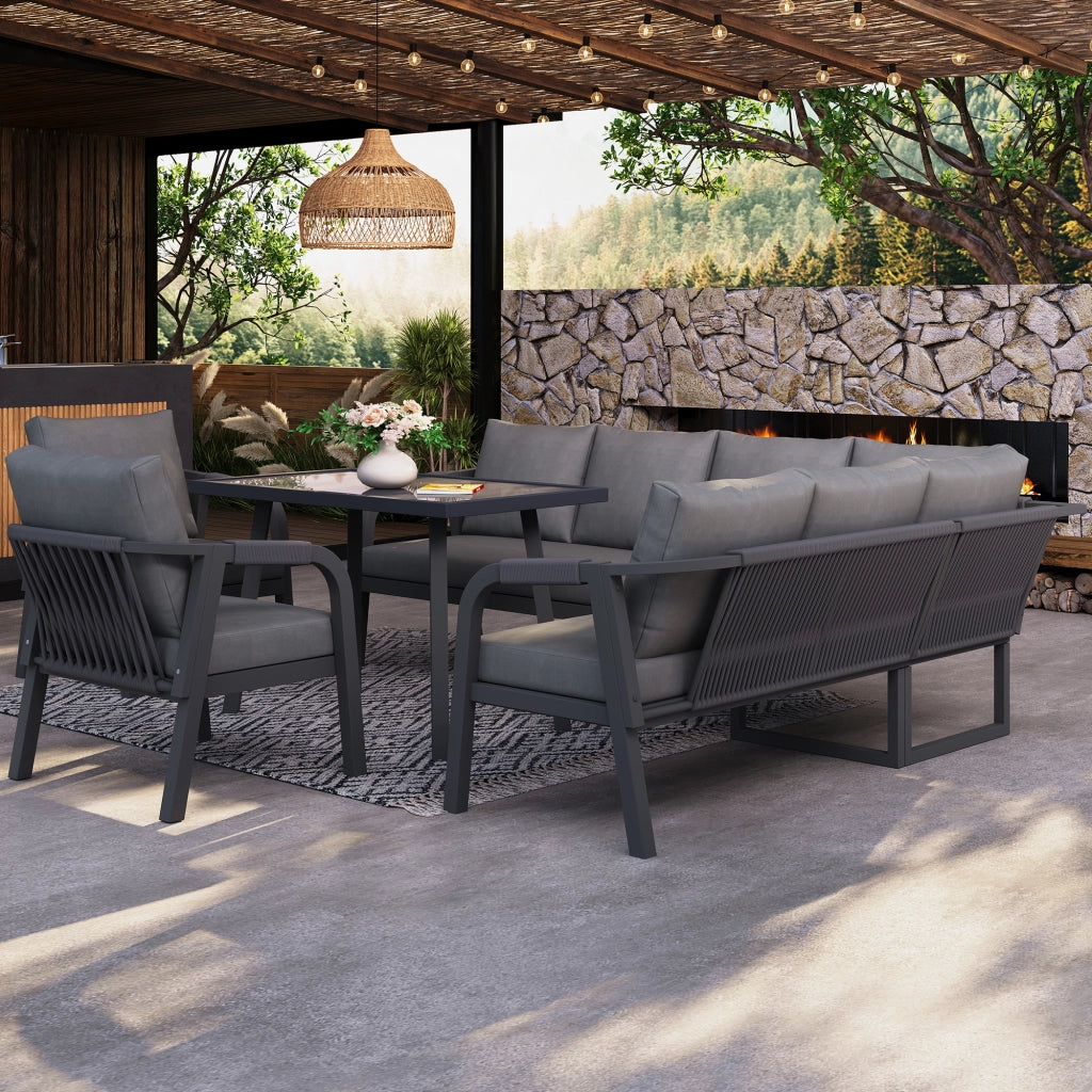 Set Pranzo da Giardino 8 Posti con Divano Angolare, Tavolo e Poltrone ¨C Xylo ¨C Polyrattan Grigio