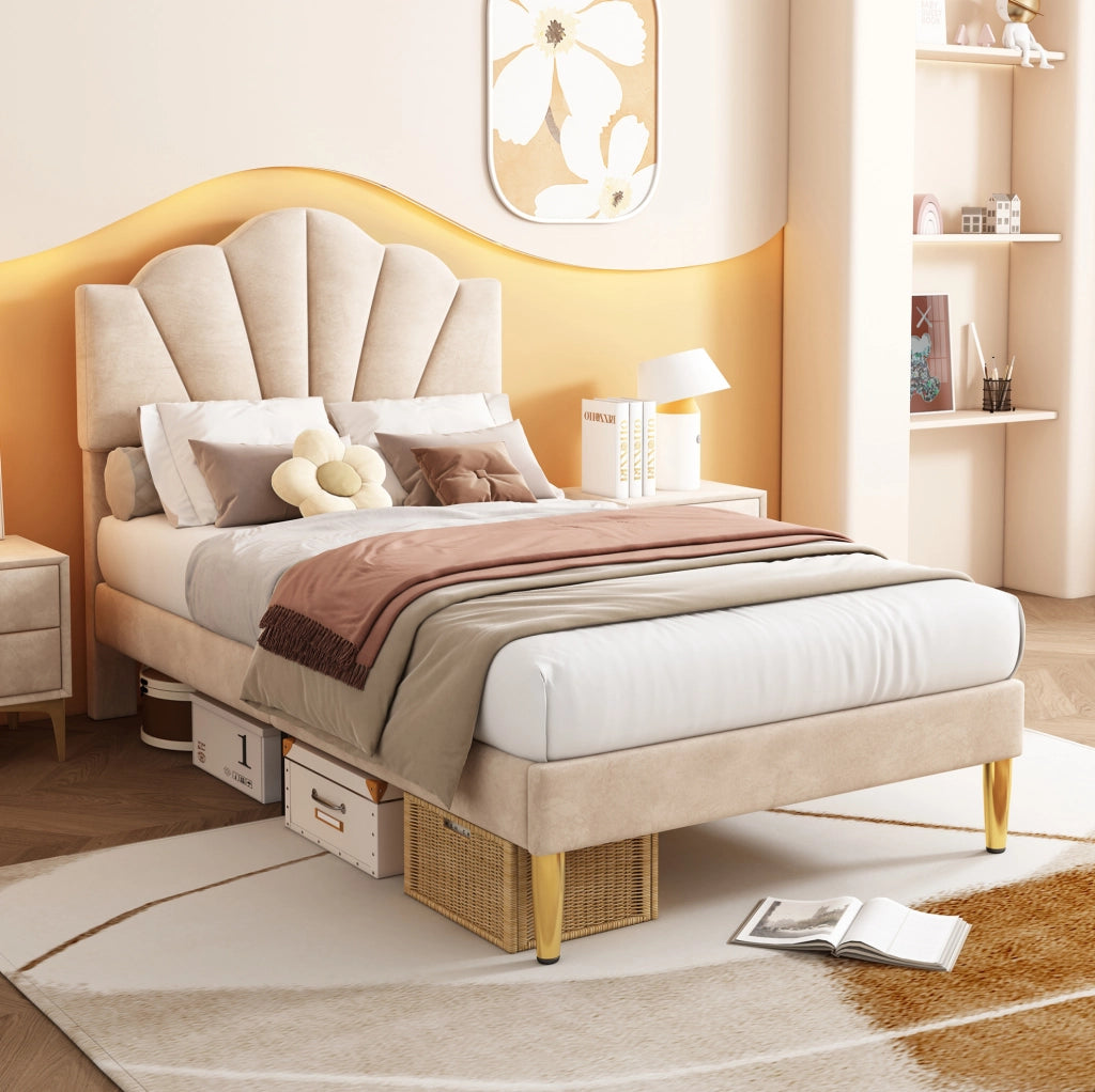 Letto imbottito 90x200 cm; testiera regolabile; velluto beige (Senza materasso)