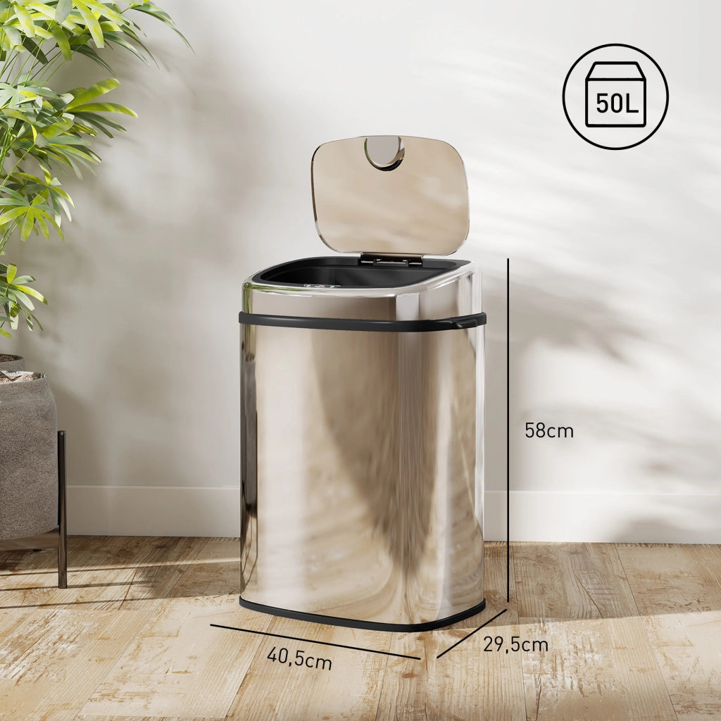 Pattumiera con Sensore a Infrarossi 40,5x29,5x58 cm Capacità da 50L con 2 Modalità di Apertura in Acciaio Inox Argento