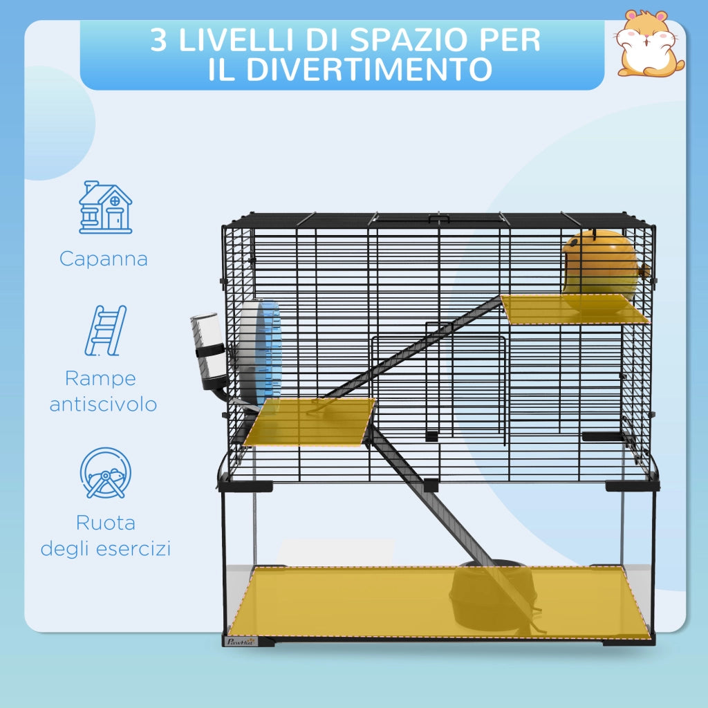 Gabbia per Criceti a 3 Livelli con Ruota, Rampe e Fondo Rimovibile, 60x40x57cm, Nero