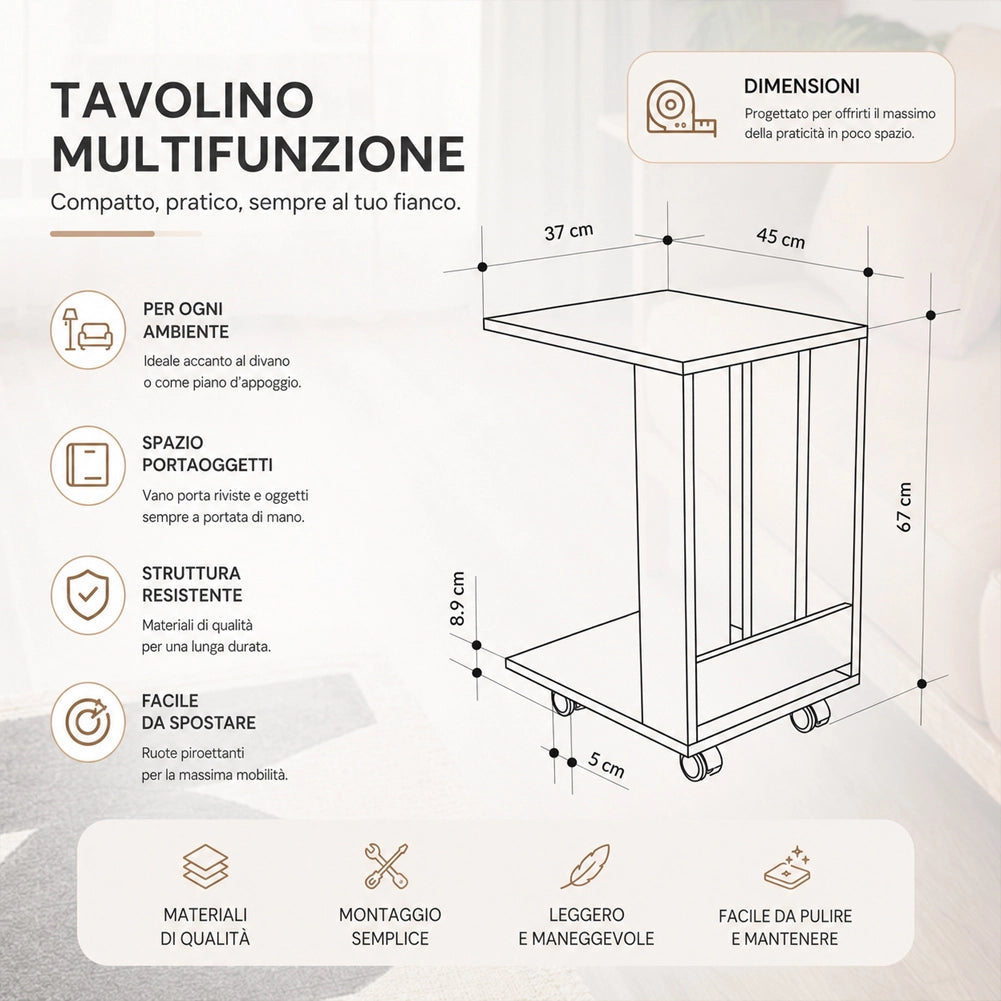 Tavolino Ausiliario con Ruote Design Moderno Mobile Letto Divano Colore Quercia