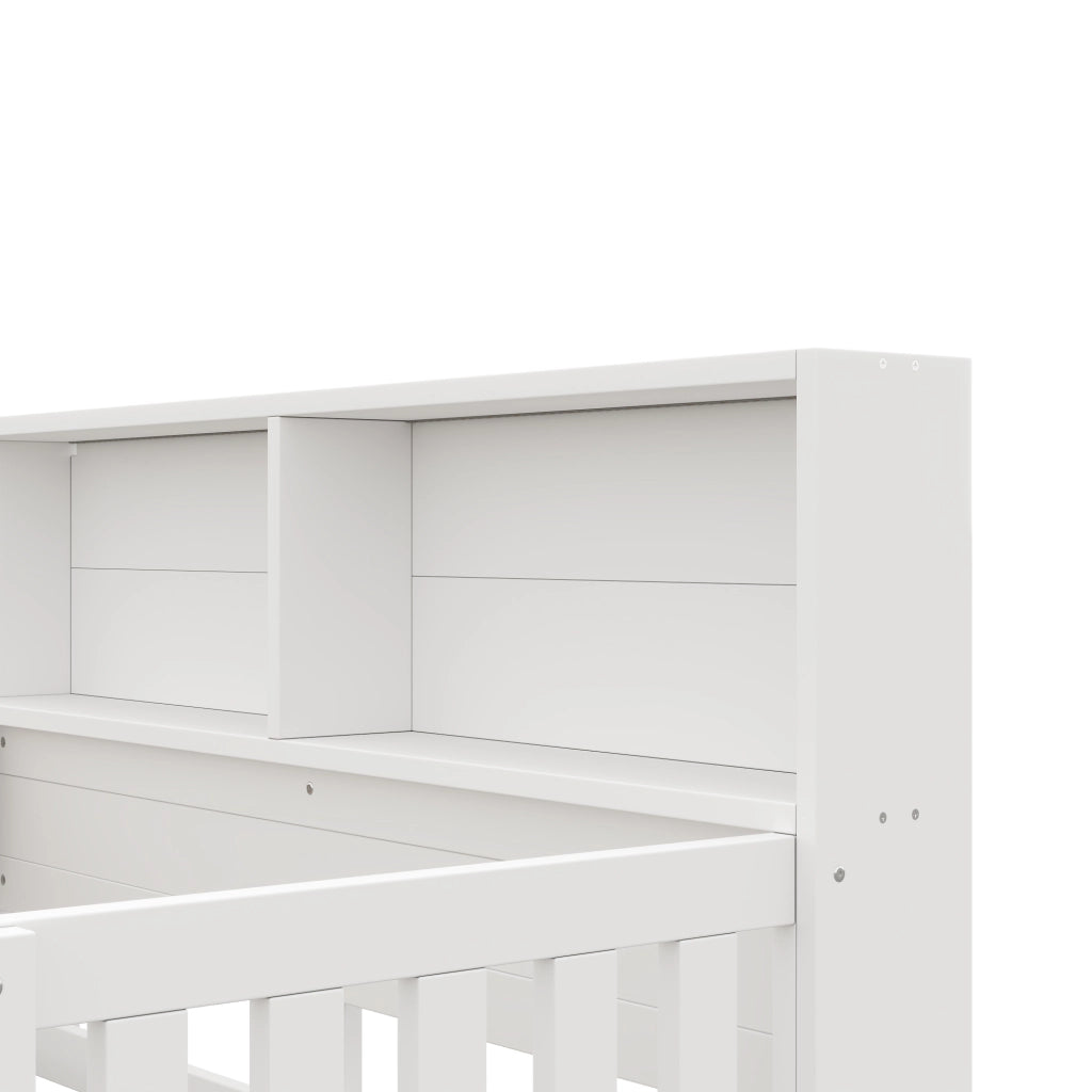 Letto bambino 140×200 cm con testiera contenitore; LED e sponde di sicurezza; senza materasso; bianco