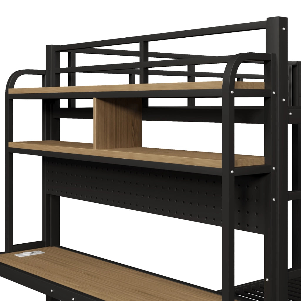 Letto a castello 140x200 cm in metallo e MDF; con scrivania; ripiani; LED e USB; nero