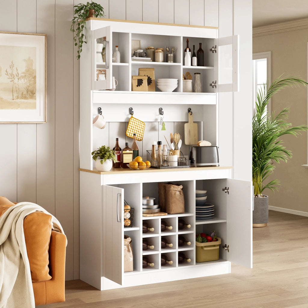Credenza con vetrina e portabottiglie, 2 ante in vetro e ganci, per cucina e sala da pranzo, bianco, 106 × 39 × 175 cm