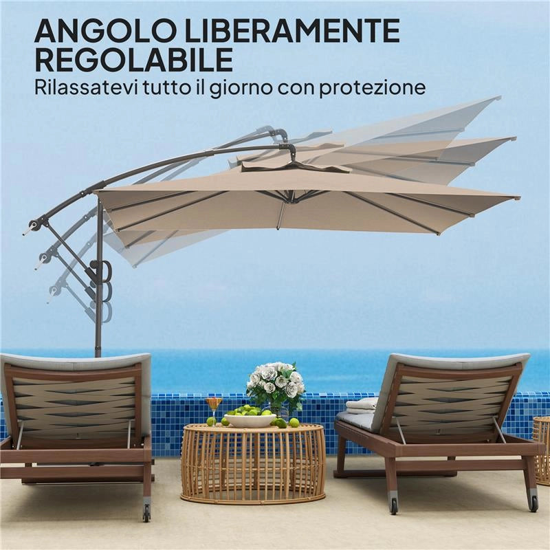 OMBRELLONE A BRACCIO 3X3 M CON COPERTURA REGOLABILE E BASE A CROCE IN METALLO E POLIESTERE COLOR CACHI