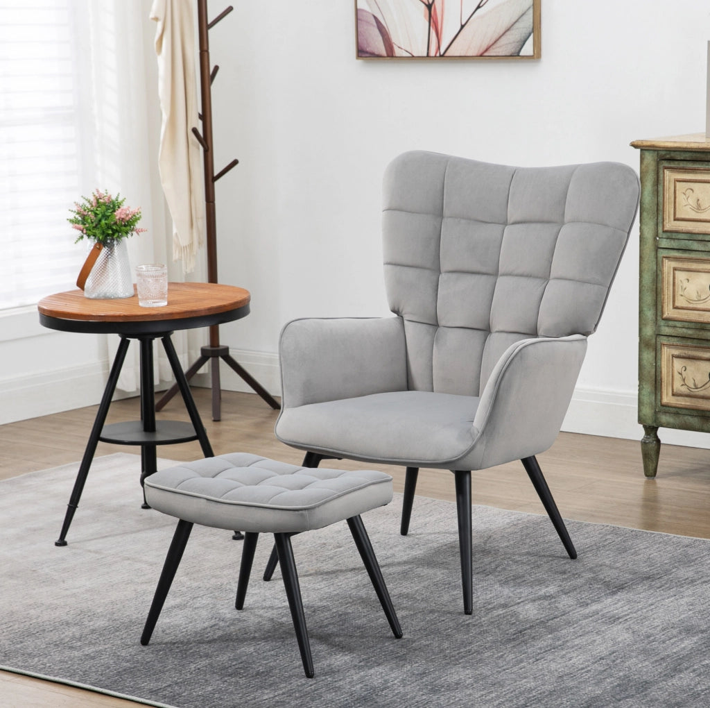 Poltrona relax con pouf effetto velluto, grigio chiaro