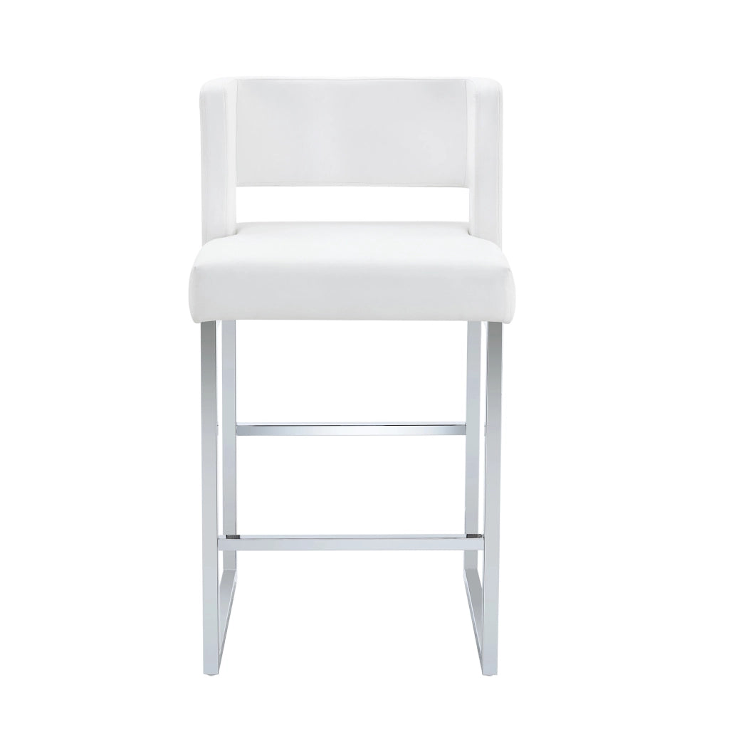 Set di 2 Sgabelli da Bar; Seduta Quadrata Imbottita e Gambe Geometriche; Metallo e Similpelle; Bianco e Argento