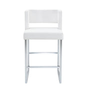 Set di 2 Sgabelli da Bar; Seduta Quadrata Imbottita e Gambe Geometriche; Metallo e Similpelle; Bianco e Argento