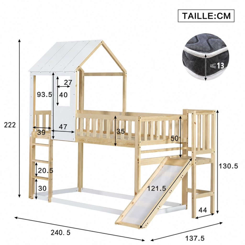 DESMIU Letto a Castello 1 Posto con Scivolo, Scala Angolare e Tetto con Finestra 90 × 200 cm, Senza Materasso