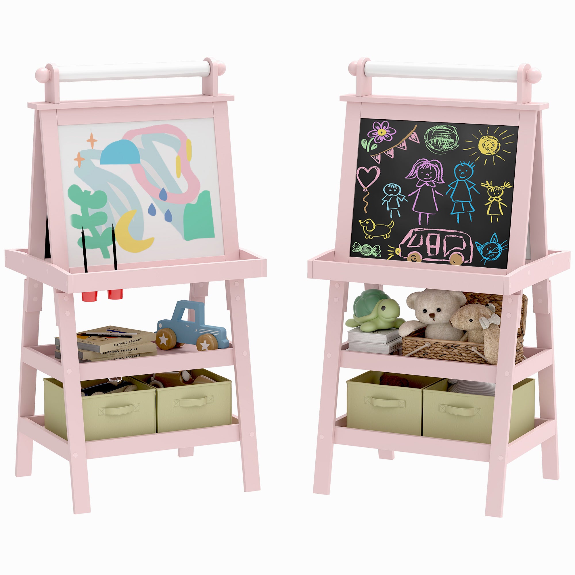 Lavagna per Bambini 59x48x118 cm a Gesso Magnetica e Rotolo di Carta in Legno Rosa