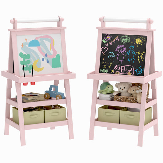 Lavagna per Bambini 59x48x118 cm a Gesso Magnetica e Rotolo di Carta in Legno Rosa