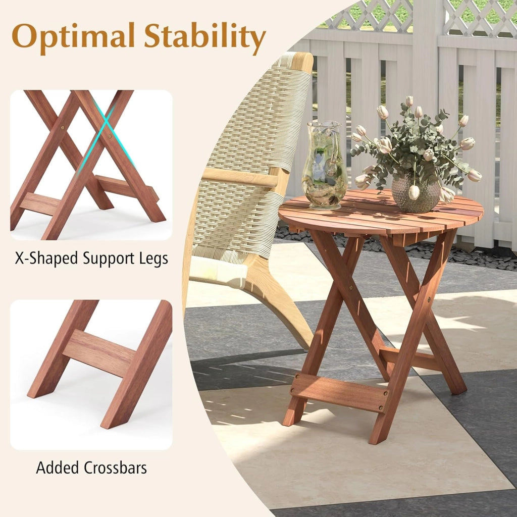 Tavolino in legno di acacia con piano rotondo, punta del divano robusta con gambe incrociate a forma di X, adatto per soggiorno, camera da letto, balcone, esterno, naturale (46 x 45)