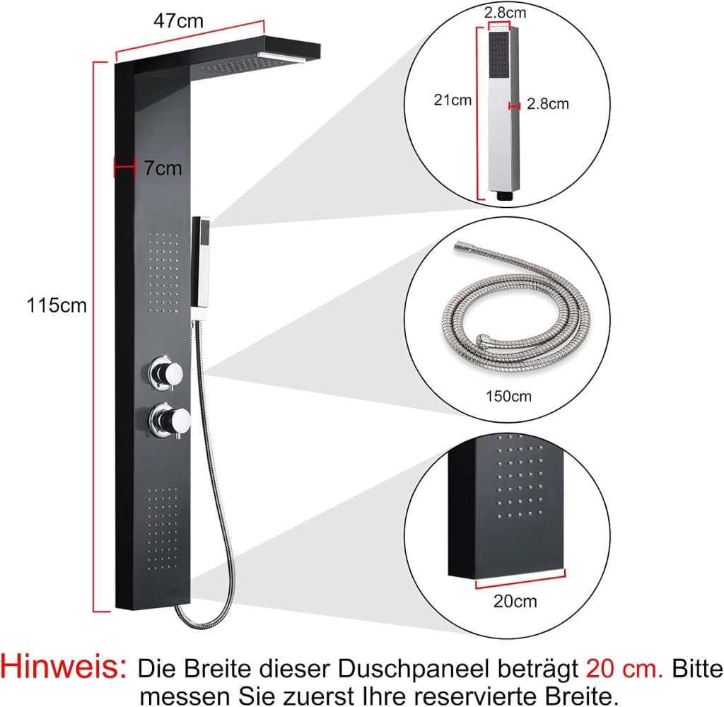 Colonna Doccia Pannello Doccia Multifunzione 4 in 1 in Acciaio Inox 304 con Doccia a Pioggia Doccetta Doccia Idromassaggio Doccia a Cascata, Nero