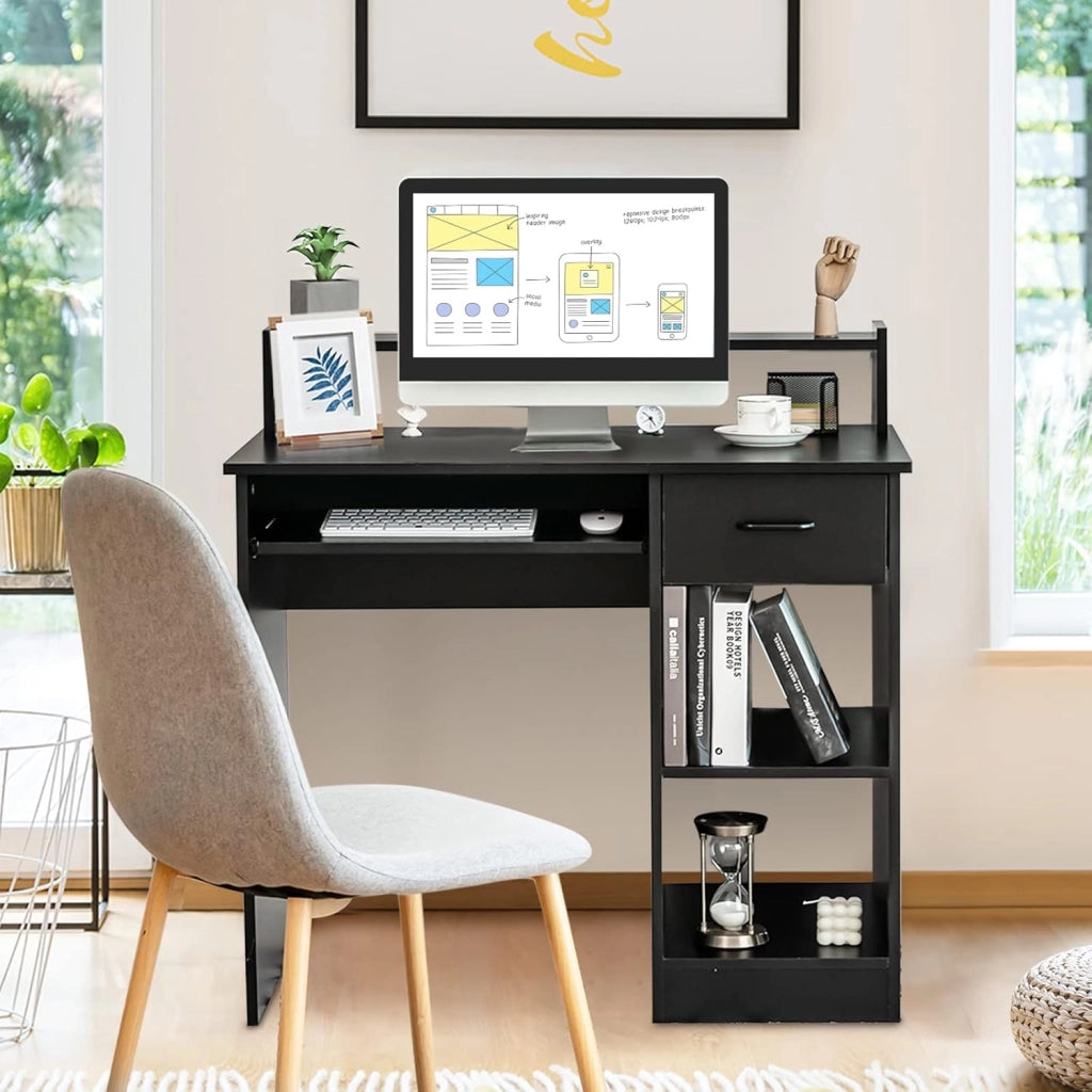 Scrivania per Computer, Tavolo da Lavoro con Supporto per Monitor, Tavolo da Ufficio Moderno con Cassetto e Ripiani, Scrivania per Computer con Spazio (Nero)