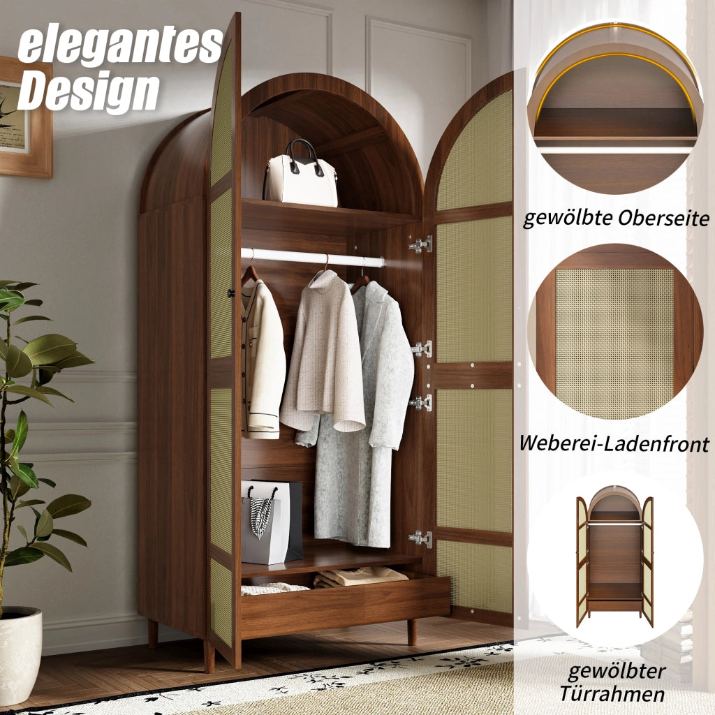 Armadio con ante curve e inserto in rattan, 1 asta appendiabiti, cassetti, per ingresso e camera, 80 × 50 × 179 cm