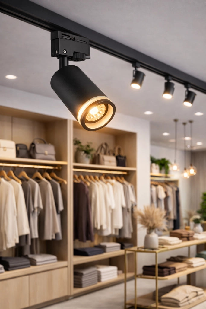 Faretto da Binario Monofase Track Light GU10 Orientabile in Alluminio Nero per Illuminazione Interni – Compatibile Binari Standard – Max 35W