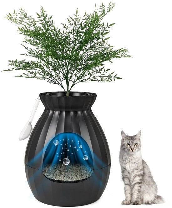 Ciotola per Gatti, 50x50x59cm, Ciotola per Gatti con Sistema di Rimozione Odori Elettronico, Stile Vaso di Fiori con Pianta Finta e Ciottoli, Nero
