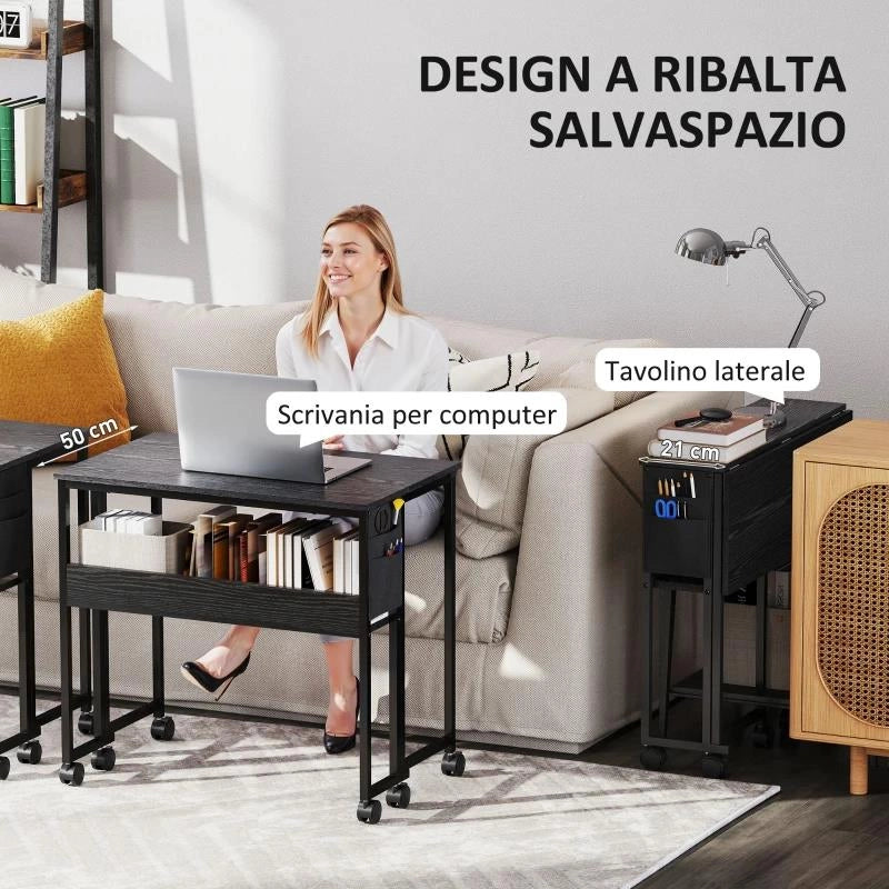 SCRIVANIA PIEGHEVOLE SALVASPAZIO A RIBALTA CON SCAFFALE, TASCA PORTAOGGETTI E RUOTE, NERO