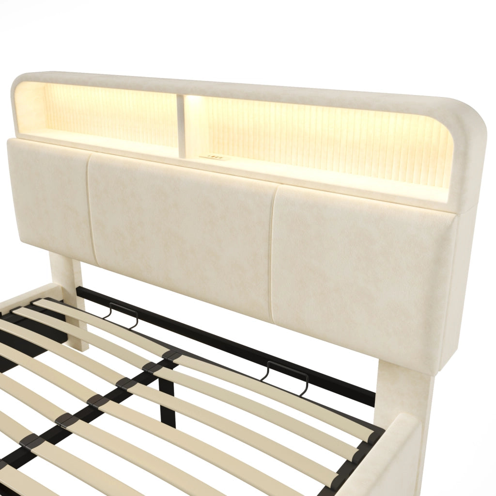 Letto matrimoniale 180x200 cm con contenitore; testiera regolabile; LED e USB/Type-C; beige in velluto