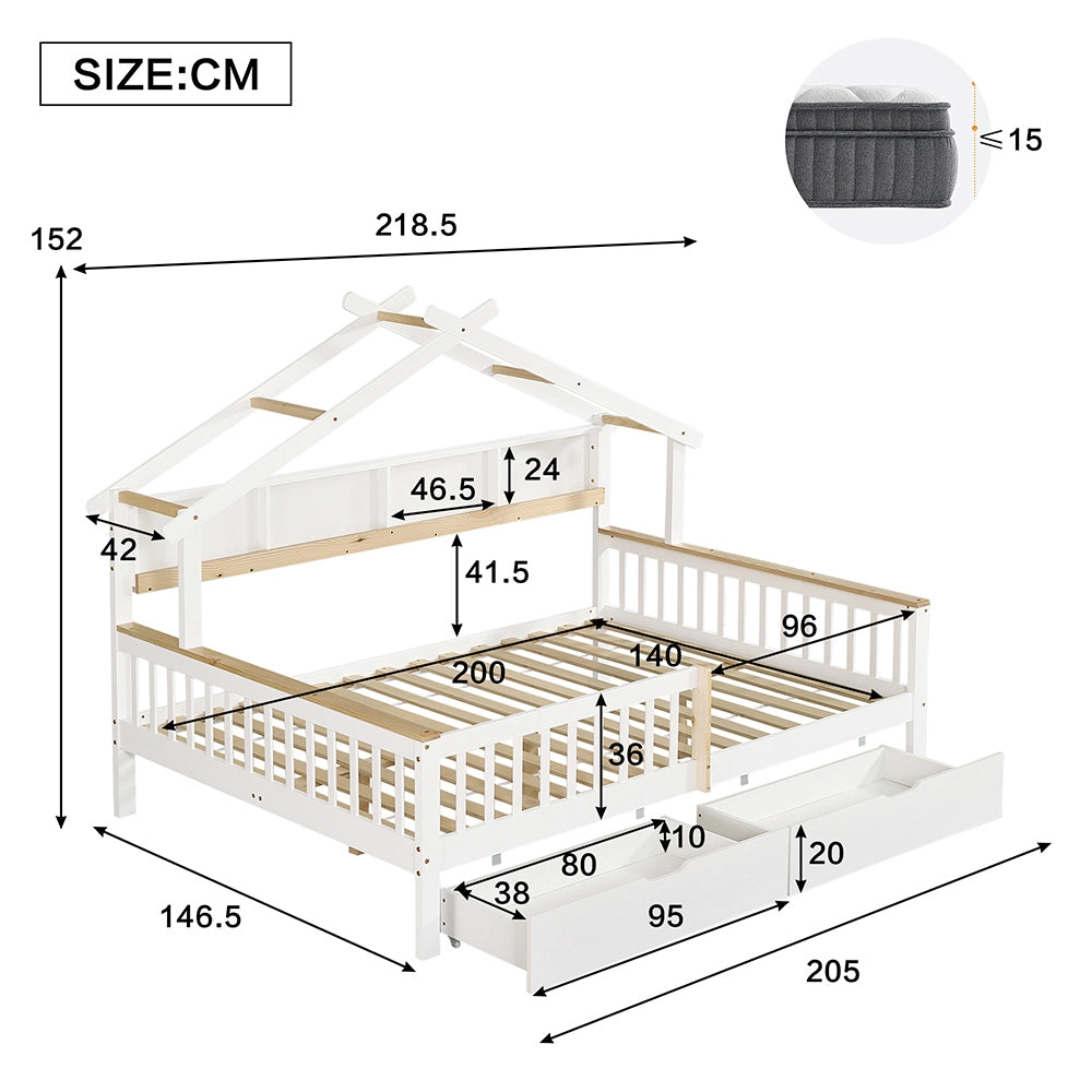 Letto bambino-Xylo-140x200 cm-anti caduta, tetto, 2m ripiano, 2 cassetti, bianco+naturale