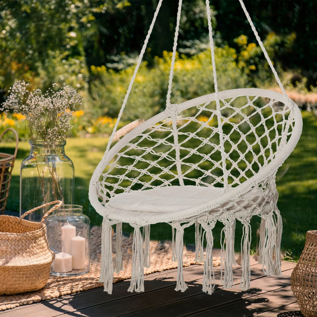 Sedia sospesa rotonda ¨C zephmum ¨C ?60 cm, corda di cotone, cuscino, 80x80x42 cm, beige