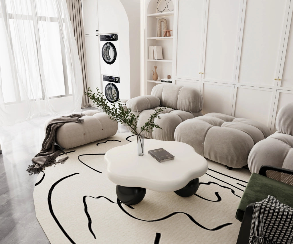 Tavolino basso a nuvola bicolore con gambe sferiche, MDF, per soggiorno e piccoli spazi, bianco nero, Ø 80 × 35 cm