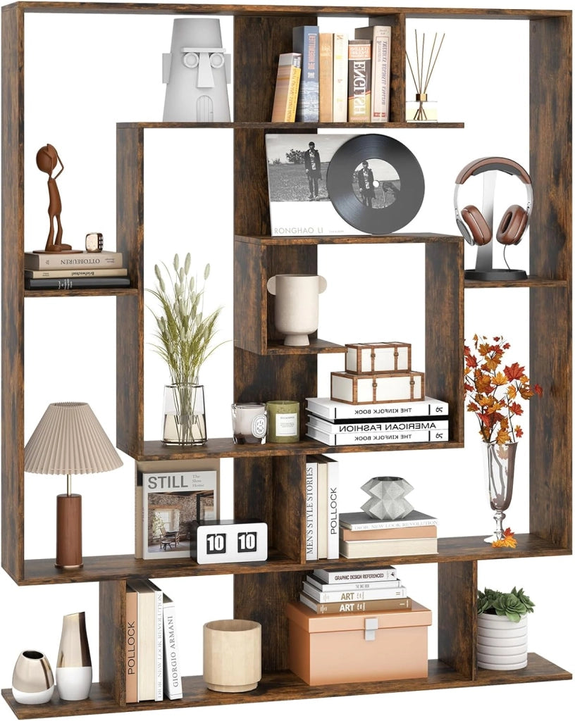 Libreria Scaffale Geometrico Spirale ad Angolo Retto a 7 Ripiani, Scaffale Espositivo in Legno Salvaspazio, Libreria per Camera da Letto, Soggiorno e Salotto, 125 x 22 x 150 cm (Marrone)