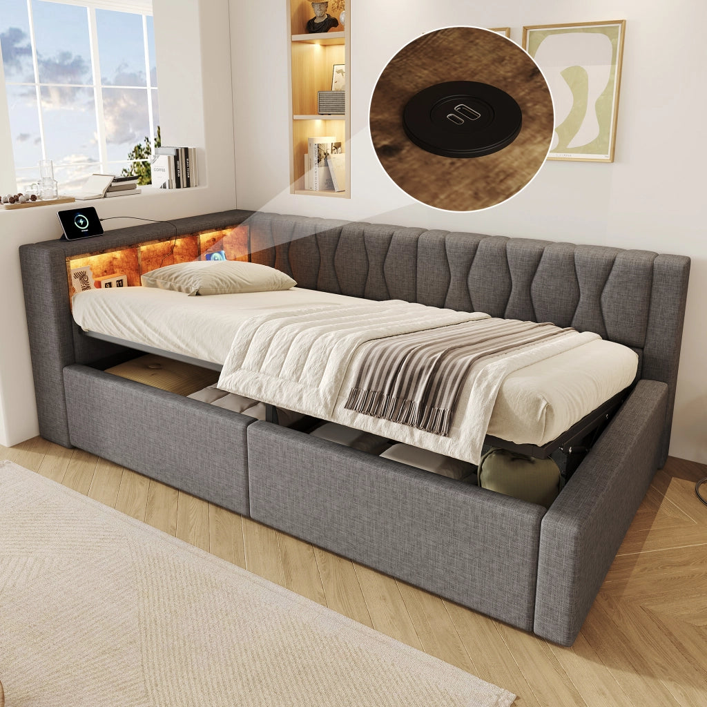 Letto da giorno 90x200 con contenitore; LED dimmerabile; ripiani e USB; lino e MDF; beige