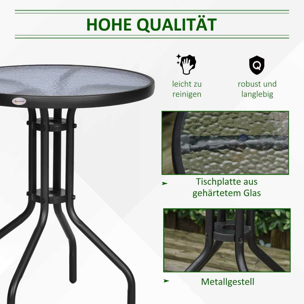 TAVOLO Rotondo per giardino e balcone Ø60xH70 cm Metallo Nero con vetro di sicurezza