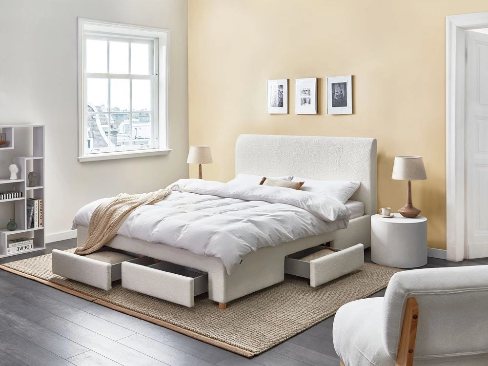 Letto con cassetti in bouclé 160 x 200 cm con rete a doghe design moderno scandinavo bianco crema