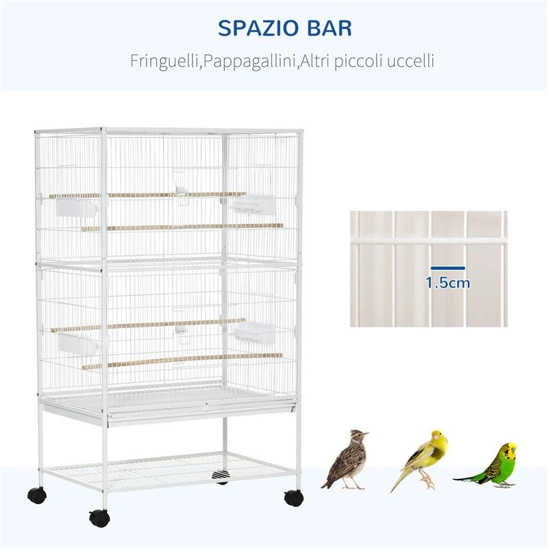 GABBIA PER UCCELLI DA INTERNI CON VASSOIO ESTRAIBILE, 4 RUOTE E TRESPOLO, 78X52X132 CM, BIANCO