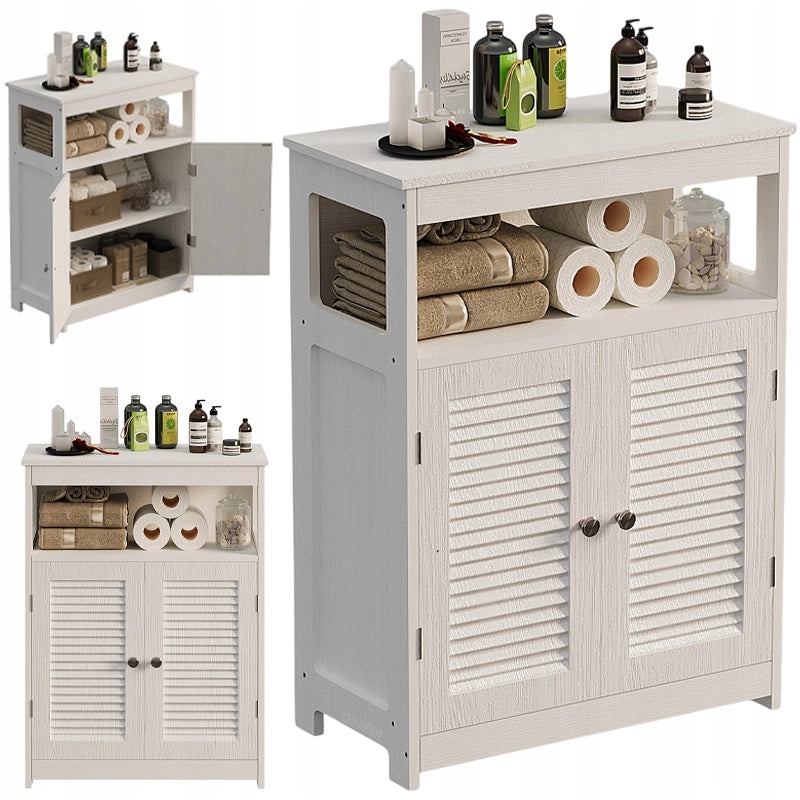 Mobiletto da bagno autoportante con ripiano e ante, stile loft scandinavo, bianco