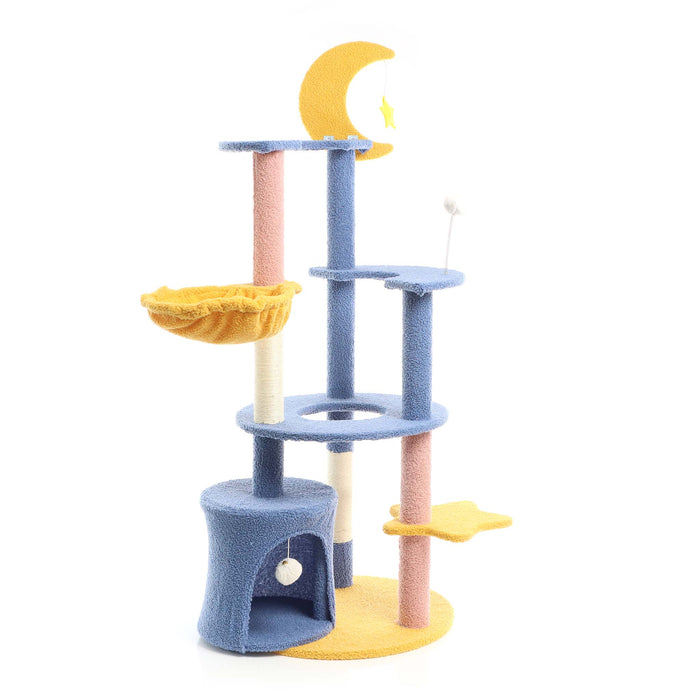 Fudajo Albero tiragraffi con luna e stelle 132cm blu e giallo Con casetta per gatti e sisal