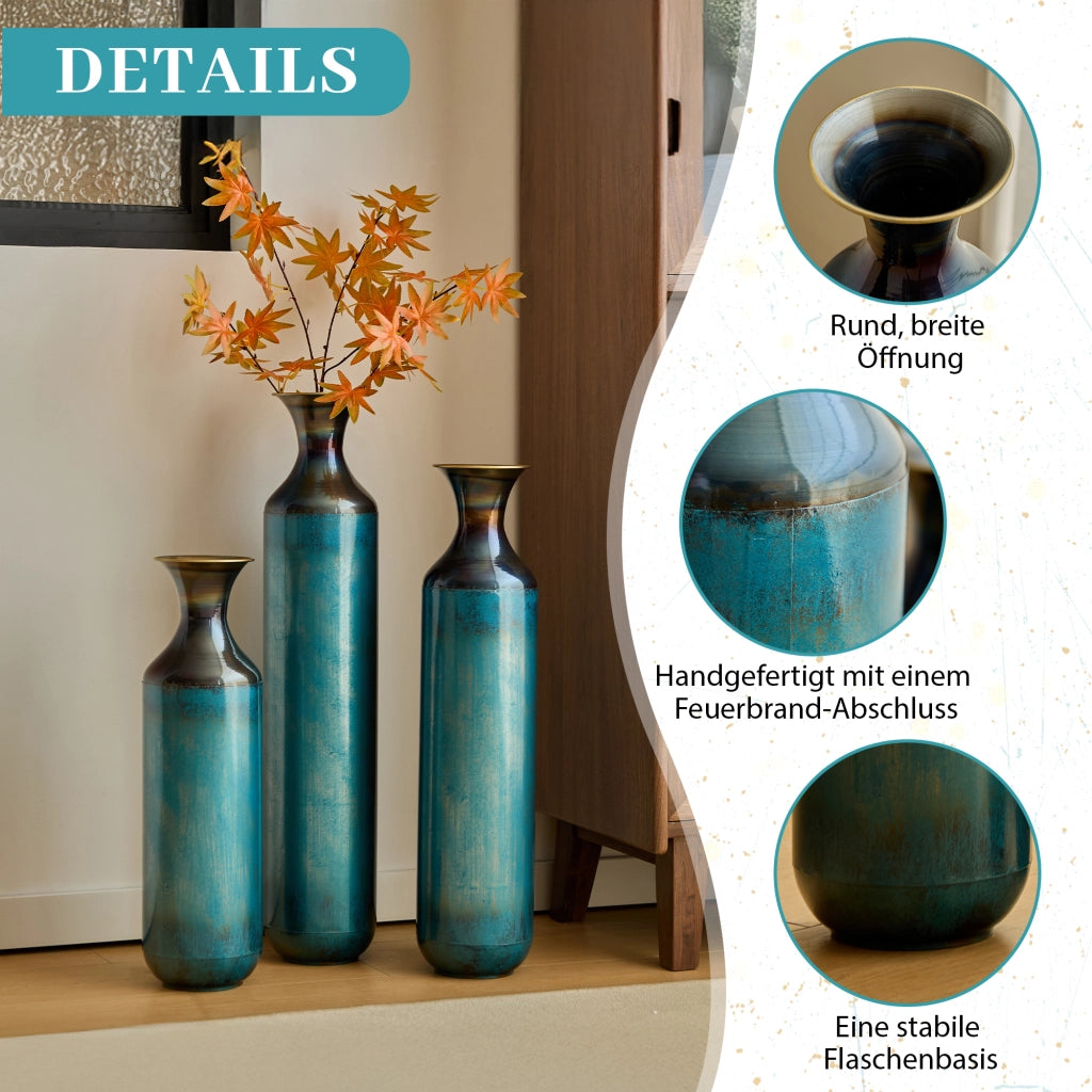 Vaso decorativo in metallo con finitura patina bluverde artigianale rustica per salotto, ingresso e terrazza