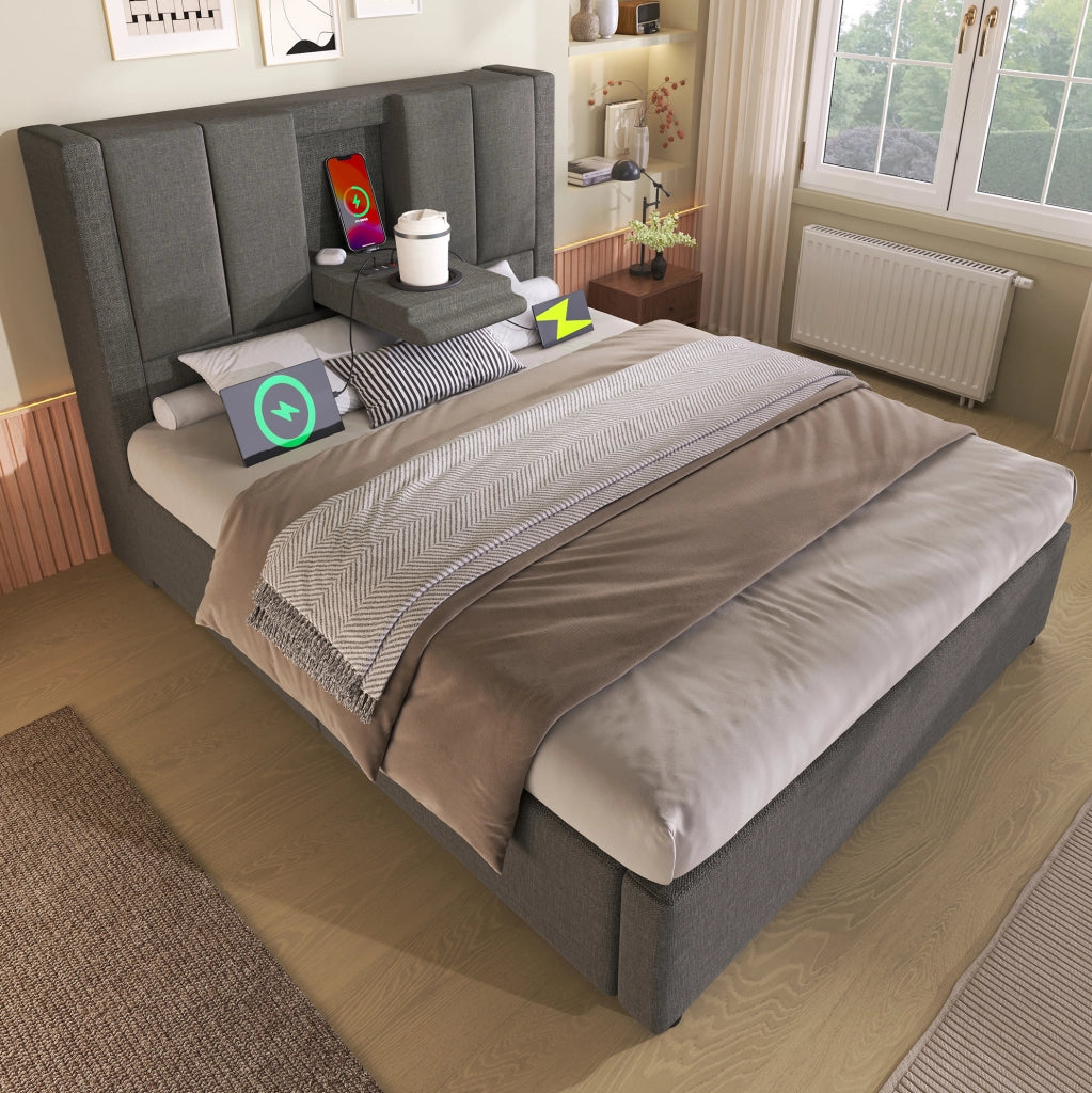 Letto contenitore idraulico 90x200 cm con portabicchiere e stazione di ricarica; lino grigio