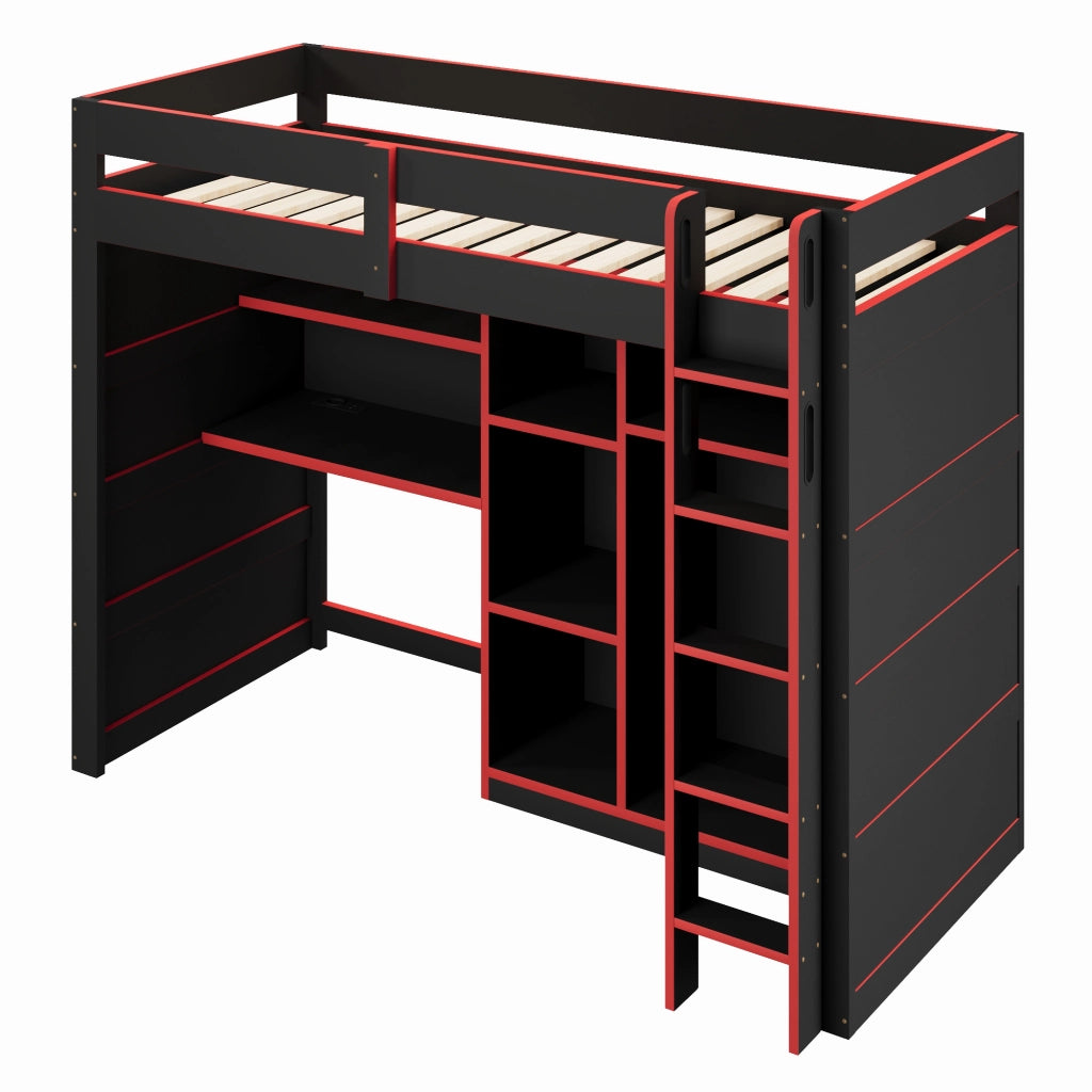 Letto a soppalco 90 × 200 cm con scrivania armadio aperto LED USB in MDF e compensato nero e rosso