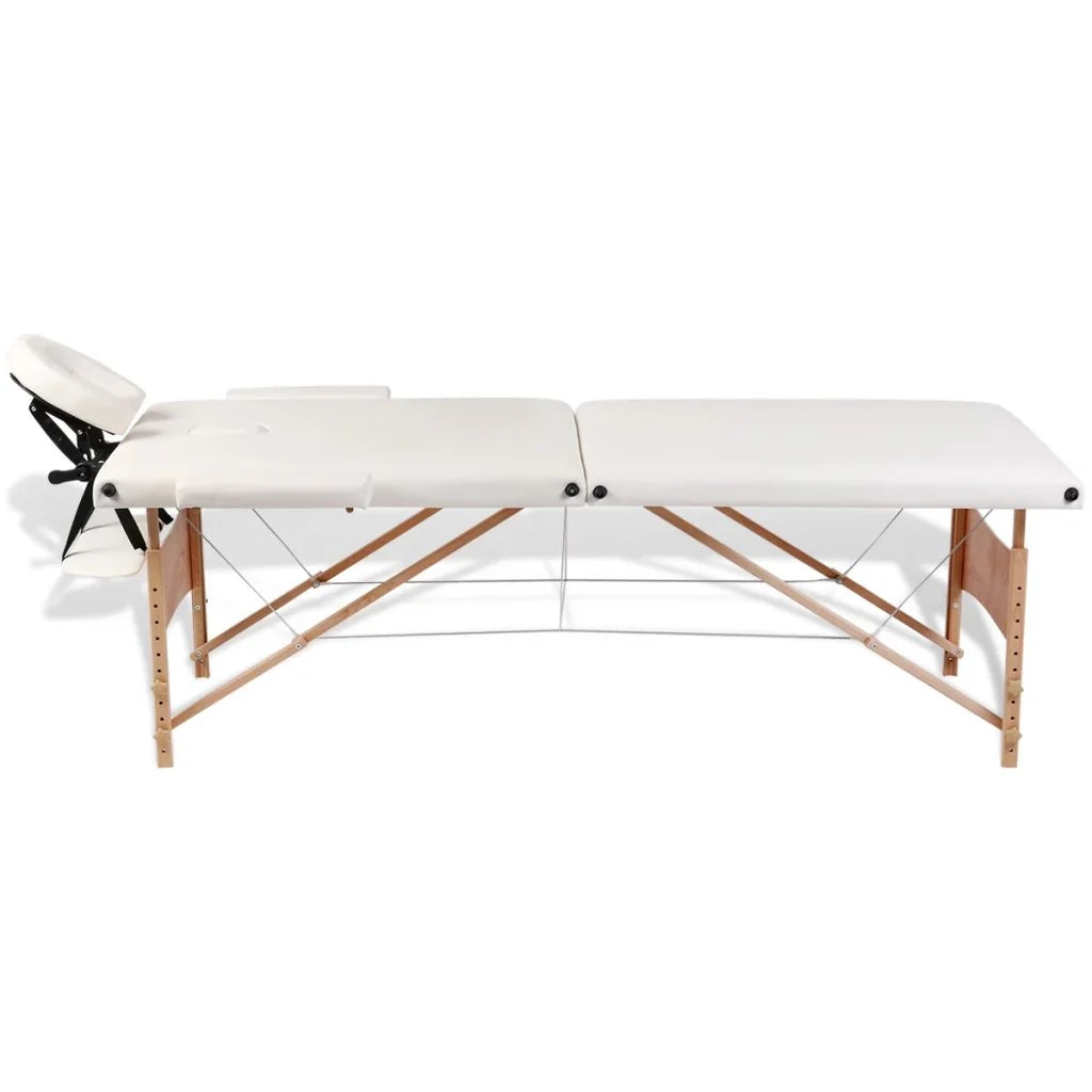 Lettino da massaggio pieghevole bianco a 2 sezioni con struttura in legno color crema 02_0001874