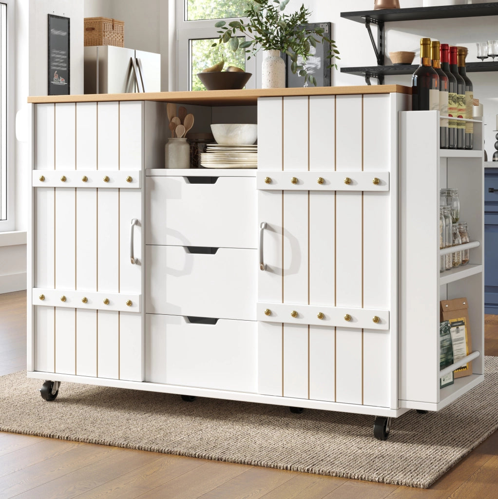 Isola da cucina 110x42x90 cm con piano ribaltabile; 3 cassetti; ante scorrevoli; MDF bianco