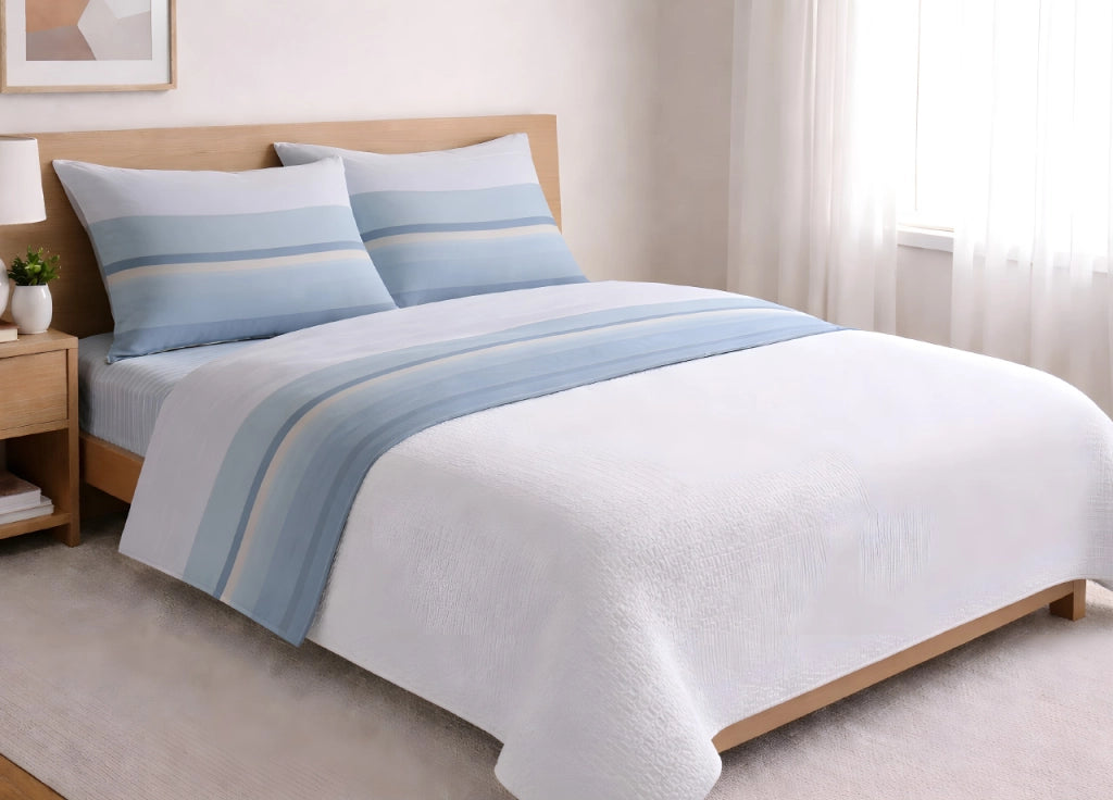 Completo Lenzuola Letto In 100% Cotone Made Italy Disegno Scia - Maxi - Azzurro
