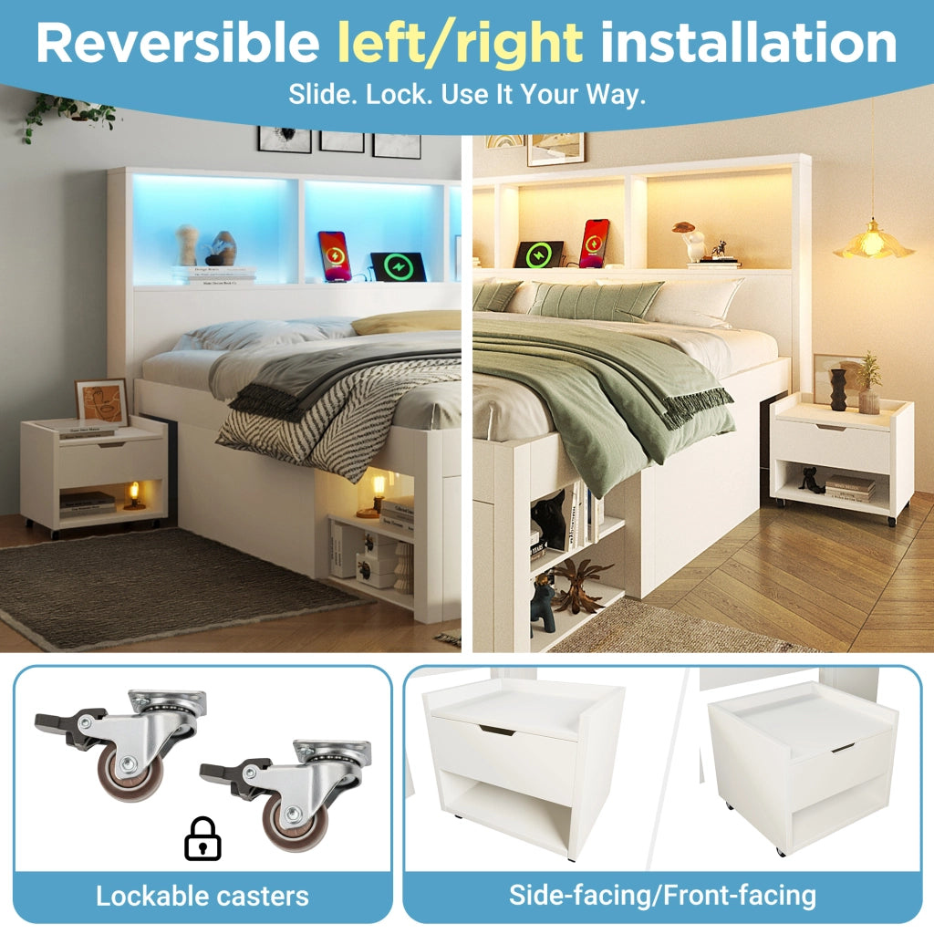 Letto Matrimoniale 140x190 cm; USB; Type-C; LED Regolabile e Mensole - in Legno - Bianco