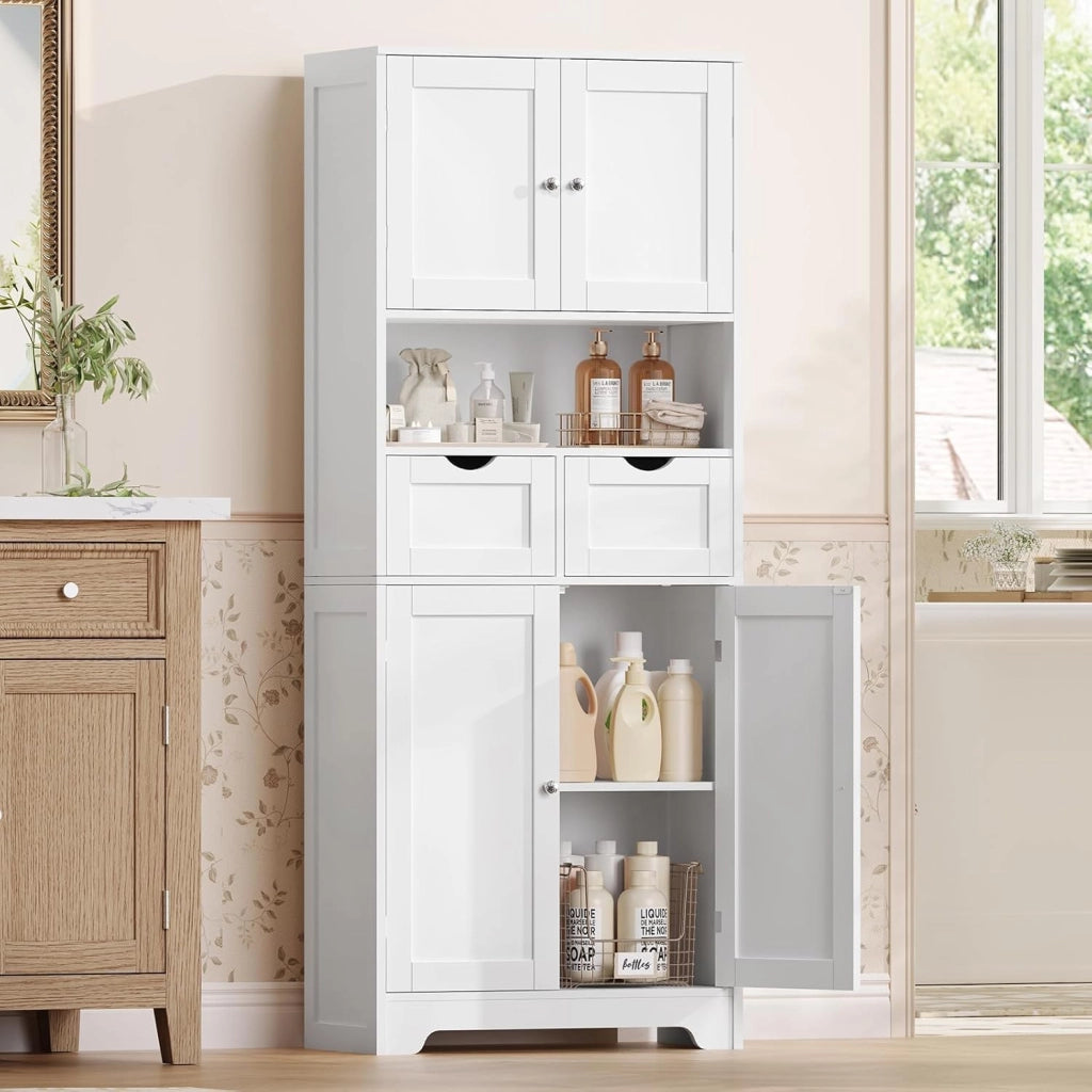 Mobile alto da bagno con 2 ripiani aperti, 2 cassetto, credenza multiuso, 60 x 30 x 147 cm, bianco
