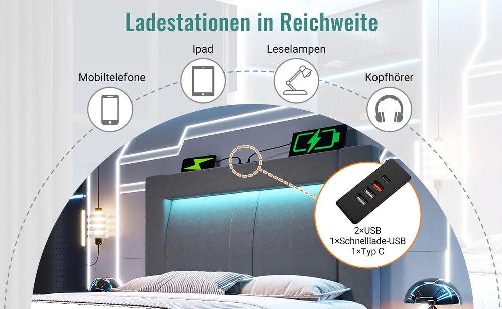 Letto Singolo Contenitore 90x200 ¨C MINIMAL ¨C Grigio Velluto, LED, USB, Testiera Curva, Idraulico