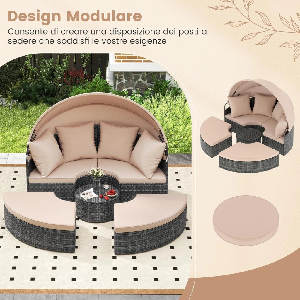 2 in 1 Isola Prendisole per 2 Persone da Giardino, Lettino Prendisole Rotondo in Rattan con Tettuccio Retrattile e Cuscini, Letto da Esterno per Relax e Festa, 172 x 180 x 141 cm (Beige)
