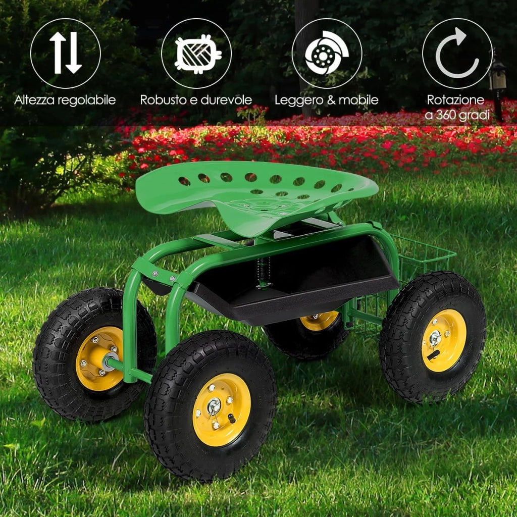 Sgabello da Giardino, Sgabello per Giardinaggio con Ruote, Sedile Regolabile in Altezza e Girevole a 360°, Cestello e Vassoio, Carrello per Prato e Giardino, Portata 150 kg(Verde)