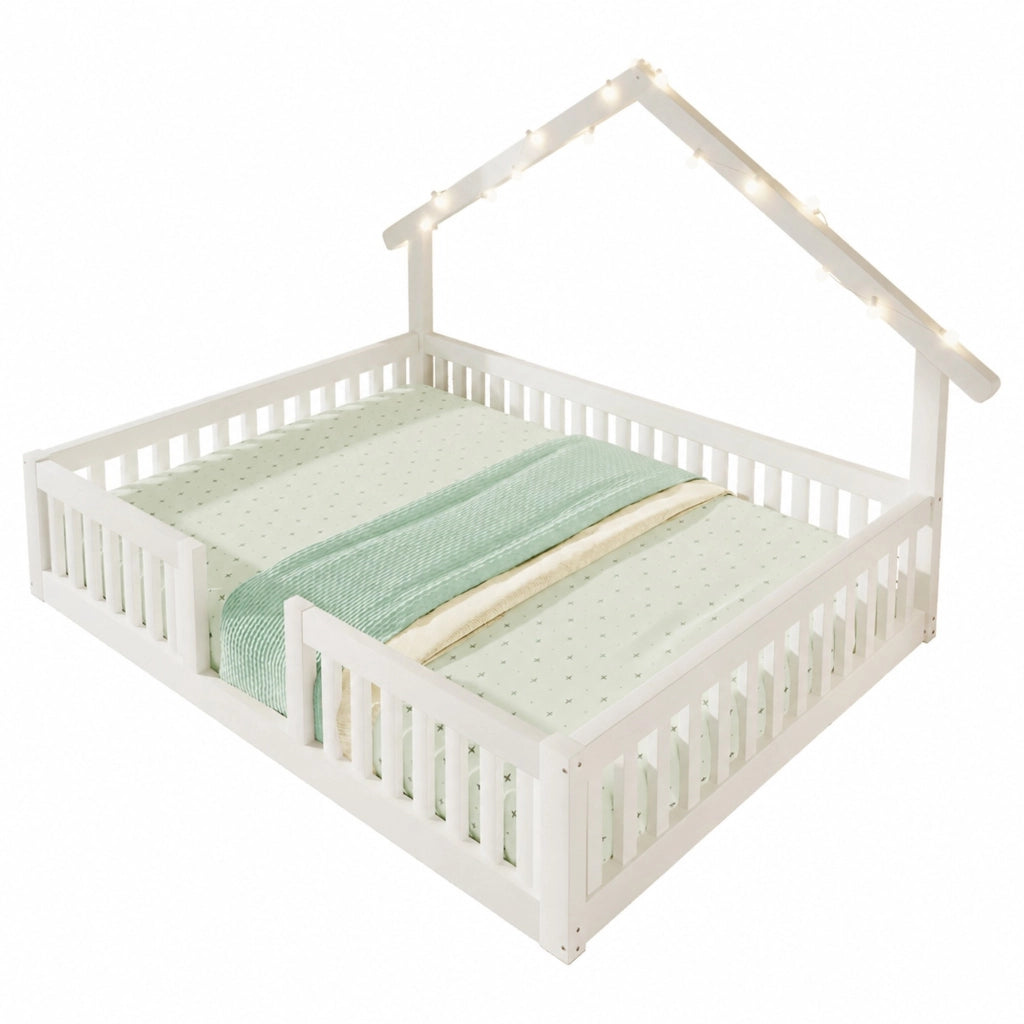 Letto a casetta per bambini 140x200 cm con barriera di sicurezza e luci LED, bianco