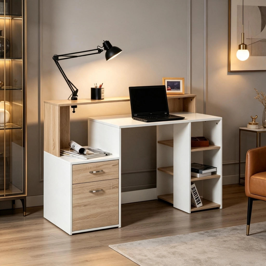 Scrivania con 2 cassetti e 4 ripiani aperti per studio in MDF 137 x 55 x 92 cm
