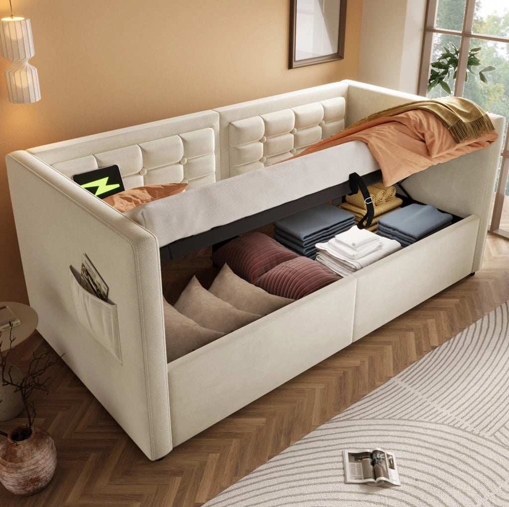 Letto divano imbottito 90x200 cm con contenitore idraulico, ricarica USB e Type-C, beige