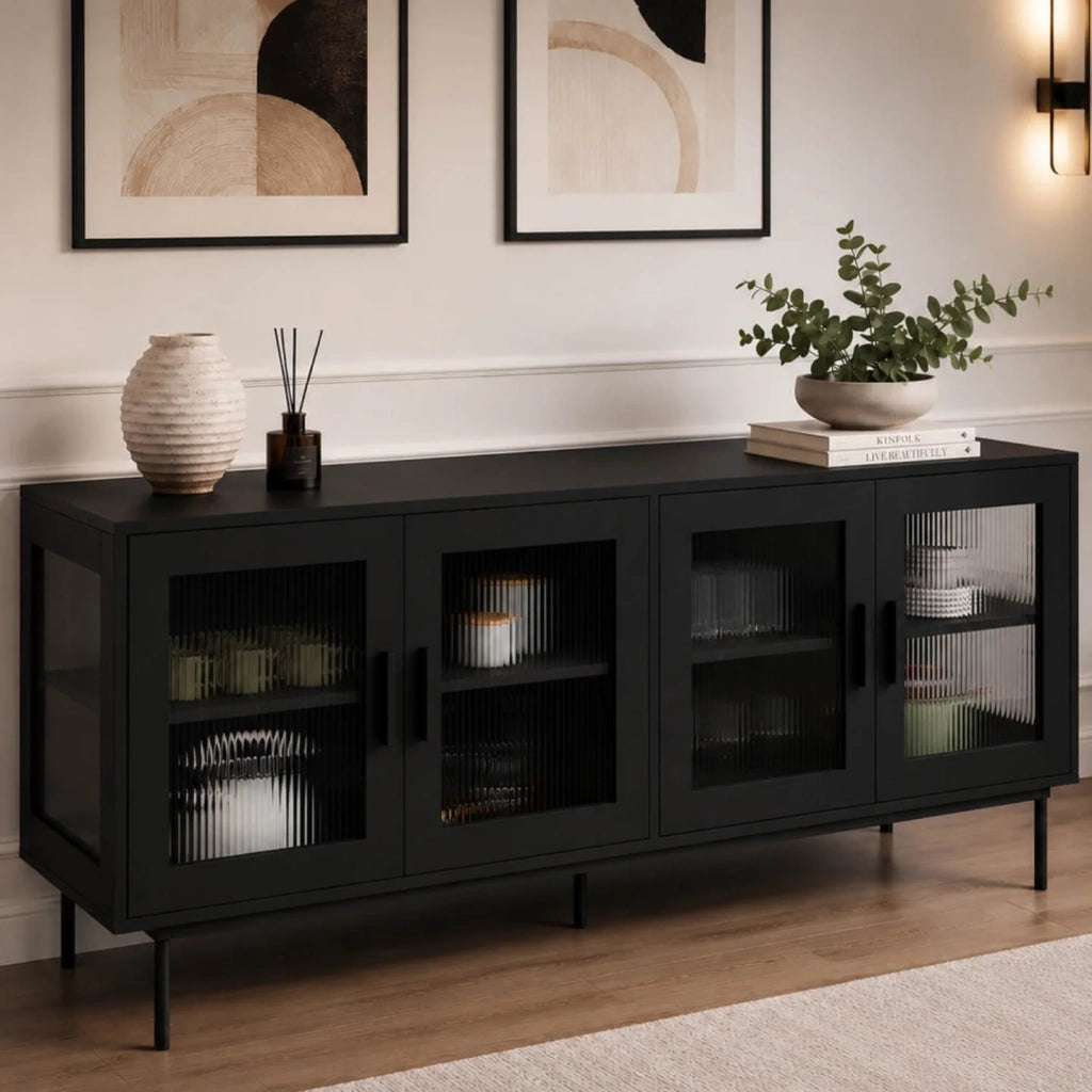 IDMarket - Credenza ZINEB 140 cm, 4 ante in vetro, frontale nero scanalato